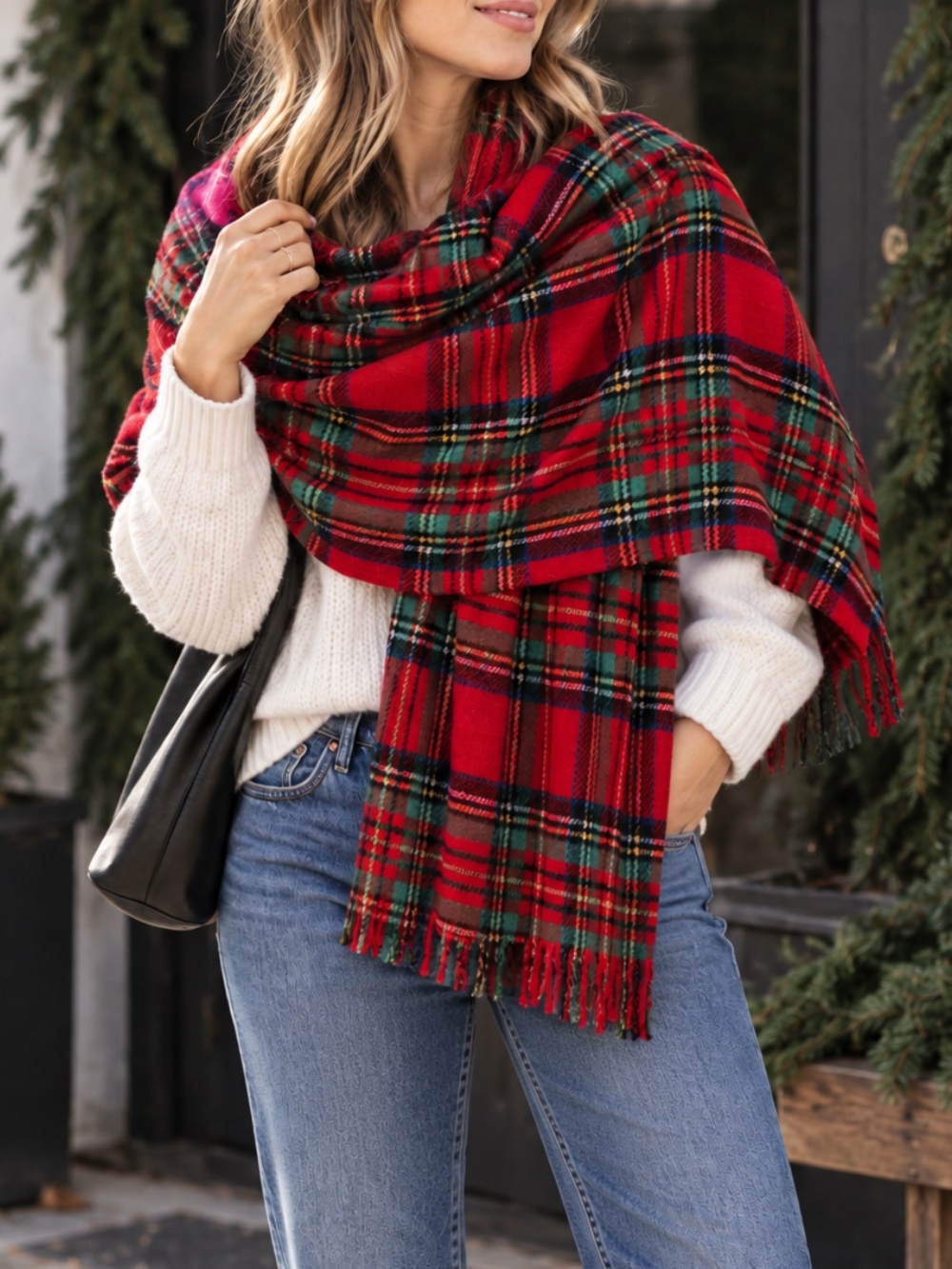 J. Crew Red Tartan Wool Plaid Wrap Scarf